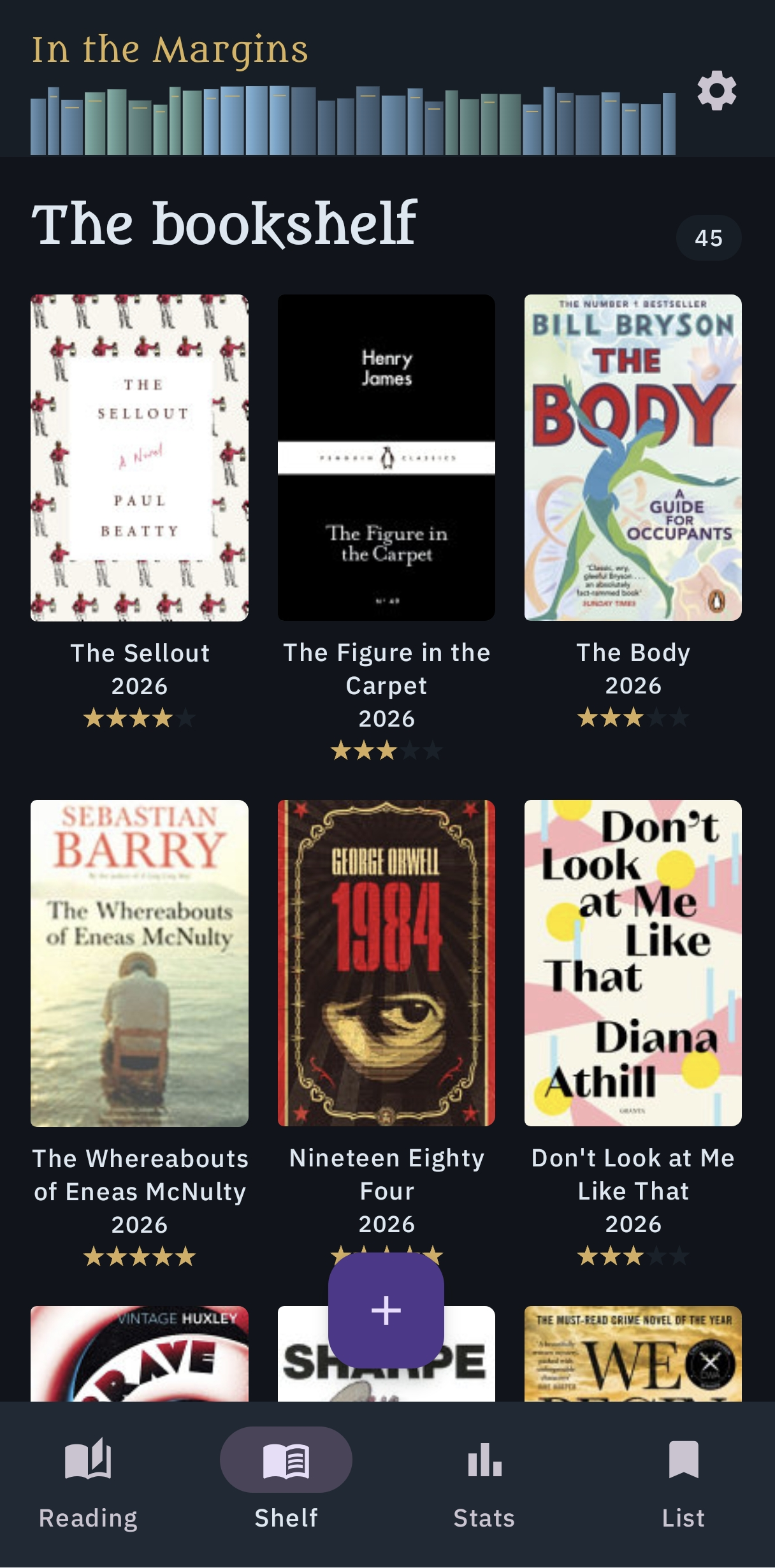 Library shelf view in In the Margins